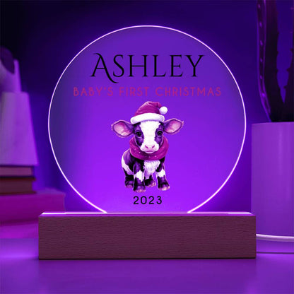 Personalized Baby's First Christmas Sign, Baby Cow Name Acrylic Plaque, Custom Baby Shower Gift, Baby 1st Xmas New Parents Gift