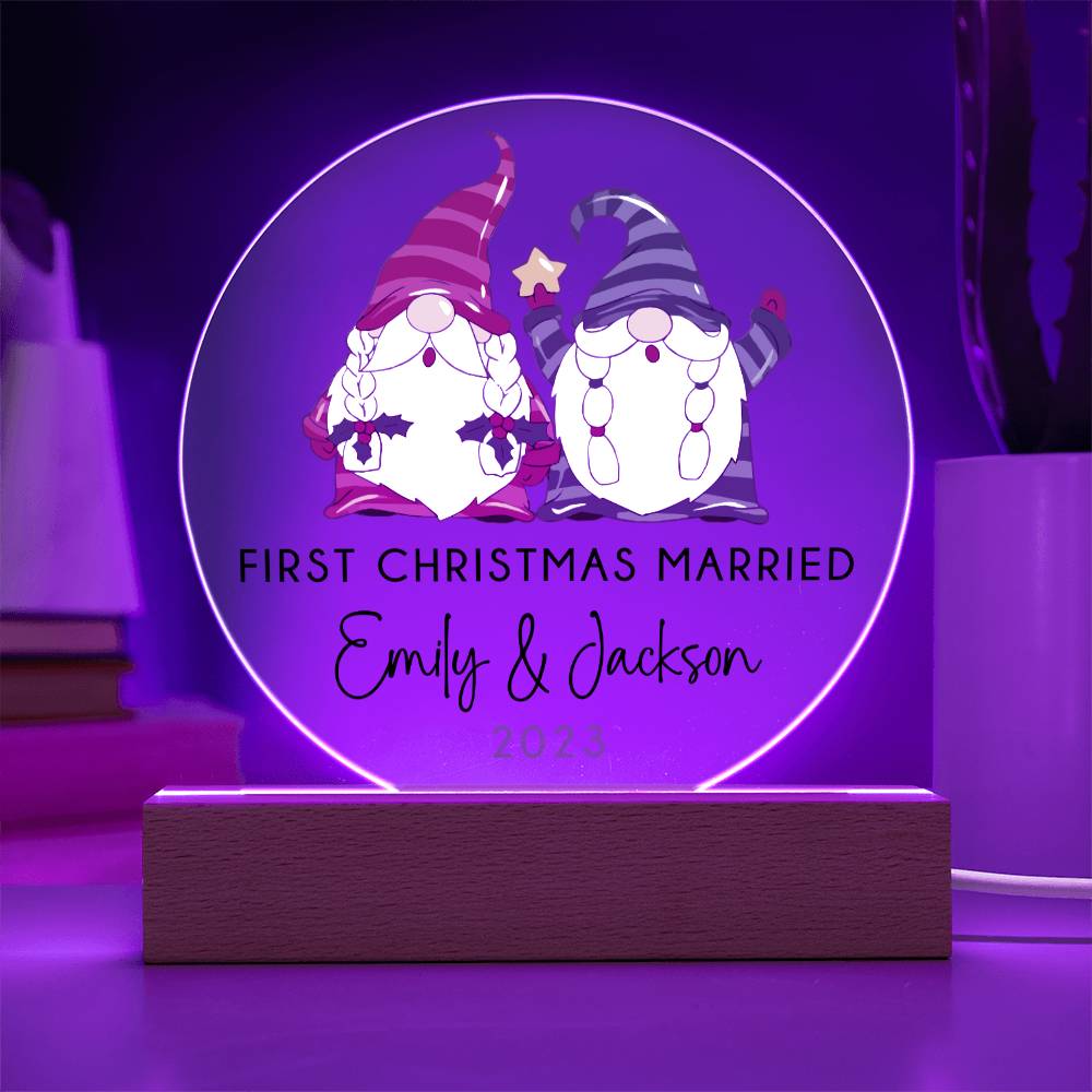 Personalized First Christmas Married Sign, Custom Gnomes Wedding Gift for Newlyweds, Couples Engagement Acrylic Plaque, Custom Mr Mrs