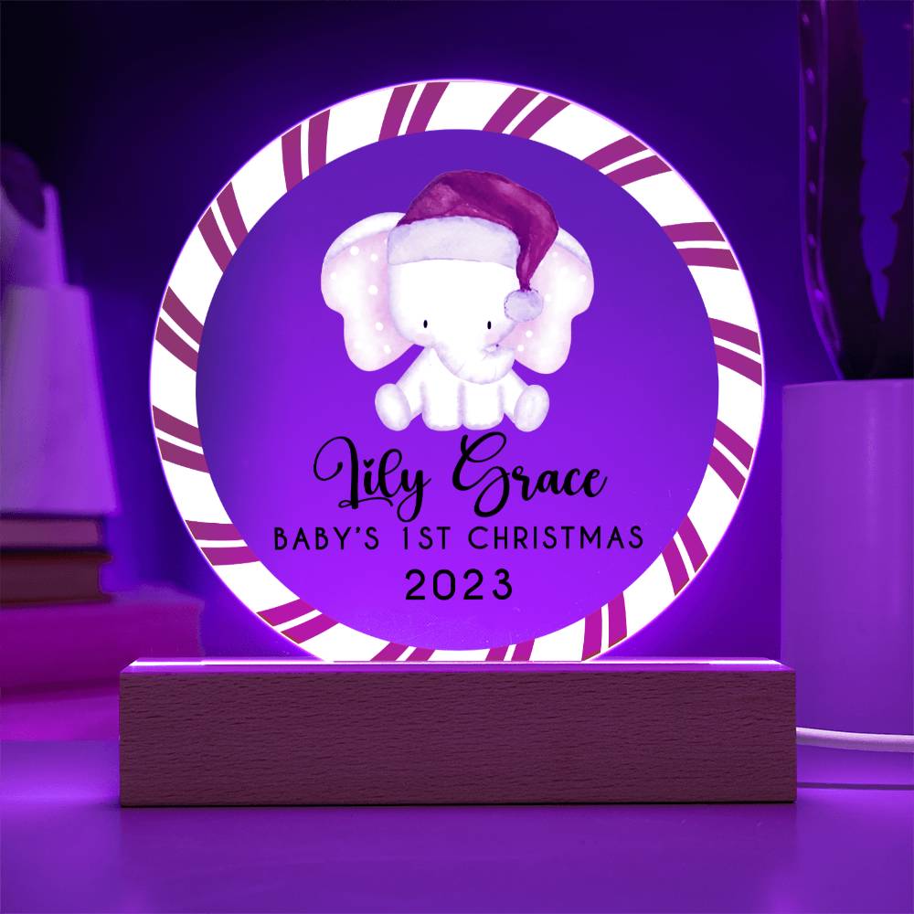 Personalized Baby's First Christmas Sign, Baby Girl Elephant Name Acrylic Plaque, Custom Baby Shower Gift, Baby 1st Xmas New Parents Gift