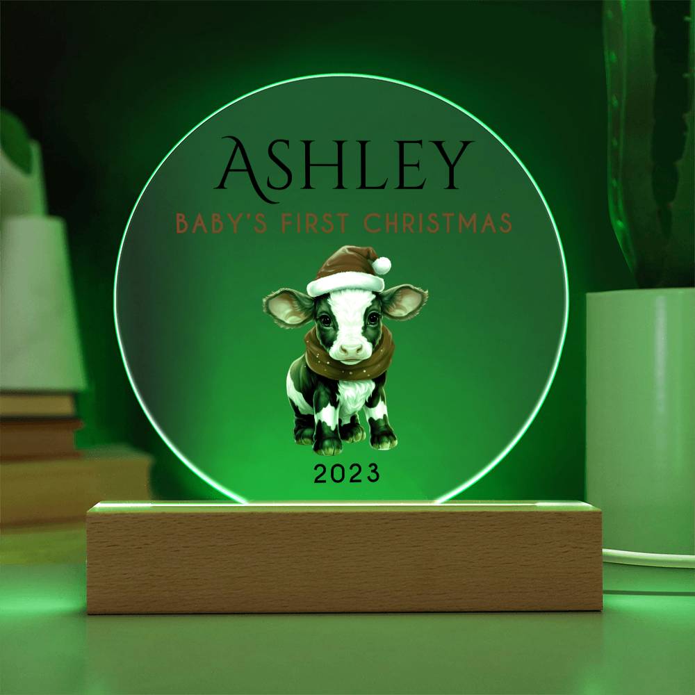 Personalized Baby's First Christmas Sign, Baby Cow Name Acrylic Plaque, Custom Baby Shower Gift, Baby 1st Xmas New Parents Gift