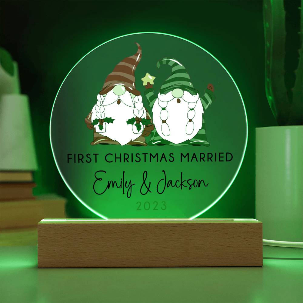 Personalized First Christmas Married Sign, Custom Gnomes Wedding Gift for Newlyweds, Couples Engagement Acrylic Plaque, Custom Mr Mrs