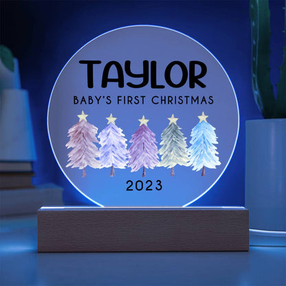 Personalized Baby's First Christmas Sign, Watercolor Trees Name Acrylic Plaque, Custom Baby Shower Gift, Baby 1st Xmas New Parents Gift