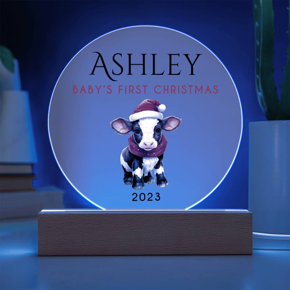 Personalized Baby's First Christmas Sign, Baby Cow Name Acrylic Plaque, Custom Baby Shower Gift, Baby 1st Xmas New Parents Gift