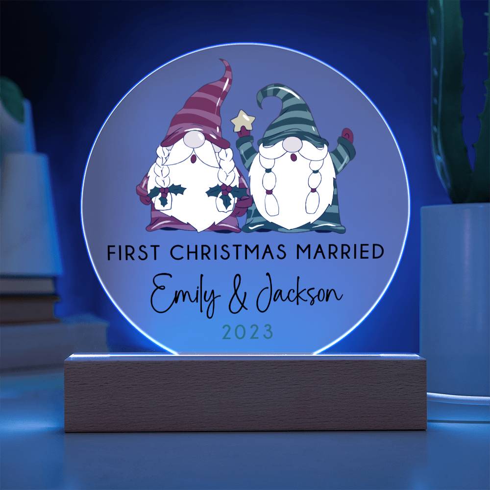 Personalized First Christmas Married Sign, Custom Gnomes Wedding Gift for Newlyweds, Couples Engagement Acrylic Plaque, Custom Mr Mrs