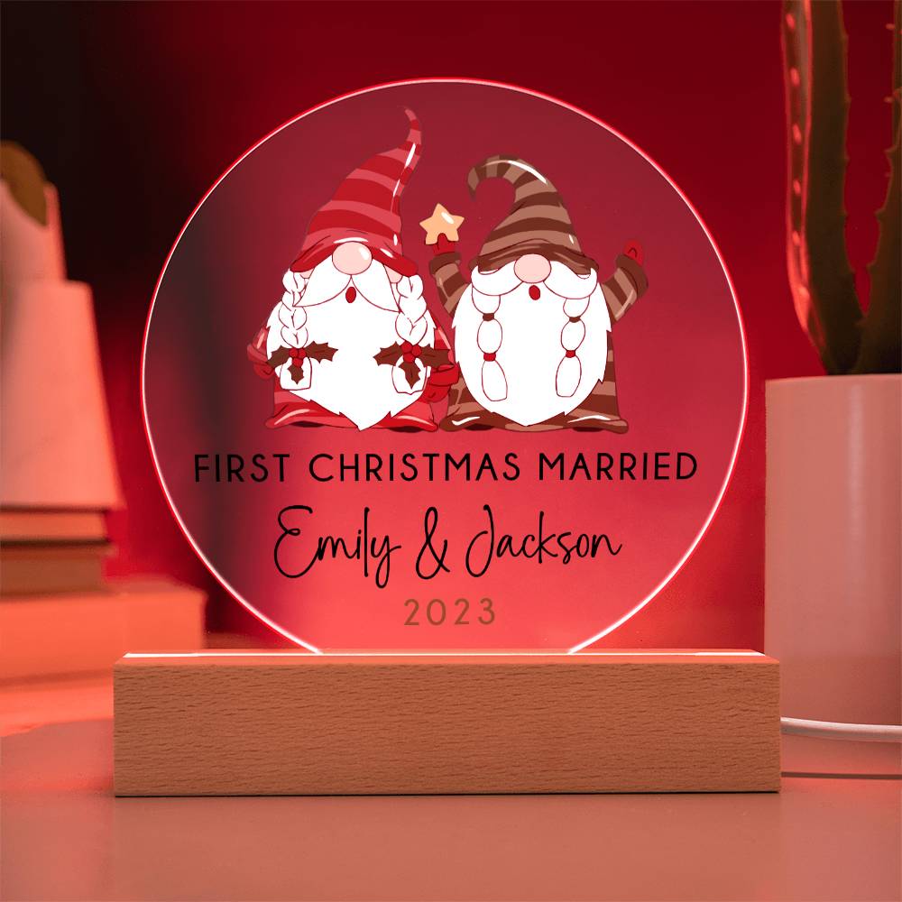 Personalized First Christmas Married Sign, Custom Gnomes Wedding Gift for Newlyweds, Couples Engagement Acrylic Plaque, Custom Mr Mrs