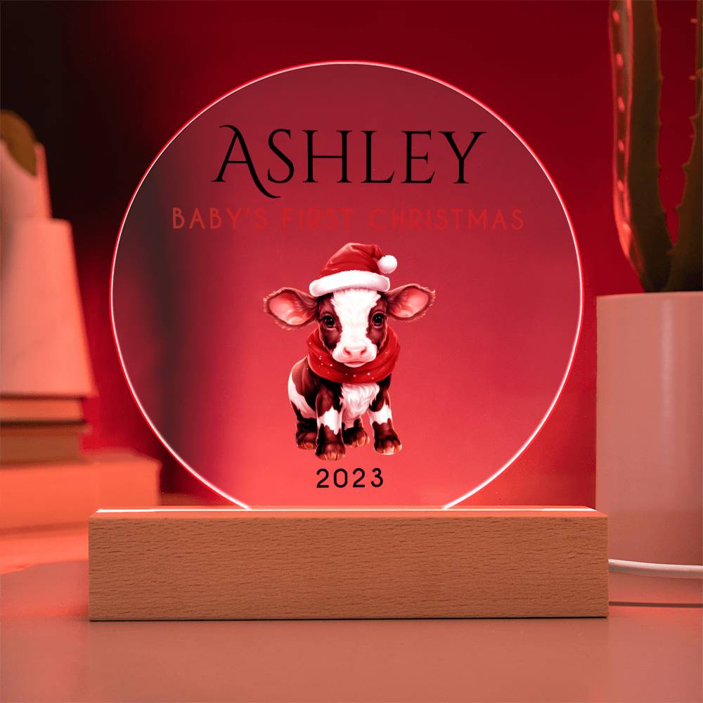 Personalized Baby's First Christmas Sign, Baby Cow Name Acrylic Plaque, Custom Baby Shower Gift, Baby 1st Xmas New Parents Gift