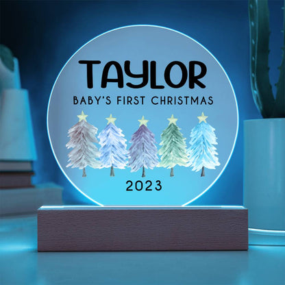 Personalized Baby's First Christmas Sign, Watercolor Trees Name Acrylic Plaque, Custom Baby Shower Gift, Baby 1st Xmas New Parents Gift