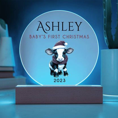 Personalized Baby's First Christmas Sign, Baby Cow Name Acrylic Plaque, Custom Baby Shower Gift, Baby 1st Xmas New Parents Gift