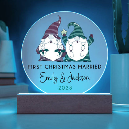 Personalized First Christmas Married Sign, Custom Gnomes Wedding Gift for Newlyweds, Couples Engagement Acrylic Plaque, Custom Mr Mrs