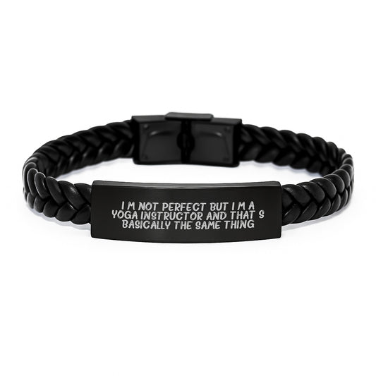 Funny Yoga Instructor Gifts, Interlaced Leather Bracelet for Yoga Enthusiasts, 'I'm Not Perfect But I'm A Yoga Instructor' Quote, Gifts from Friends and Family for Birthday - Image 1