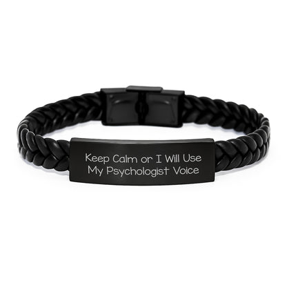 Psychologist Gifts for Women - Funny Interlaced Leather Bracelet with 'Keep Calm Or I Will Use My Psychologist Voice' - Unique Birthday Unique Gifts from Friends to Family - Image 1