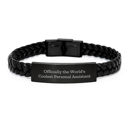 Gifts from Family for Personal Assistant, Officially The World's Coolest, Interlaced Leather Bracelet for Graduation, Funny Quote, Men's or Women's Unique Gift - Image 1