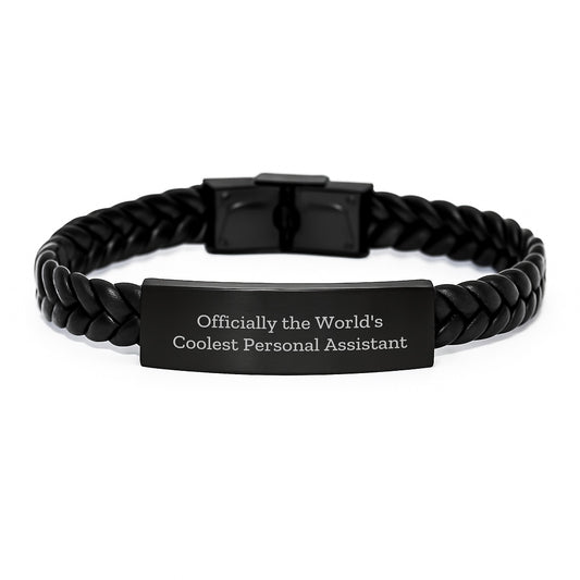 Gifts from Family for Personal Assistant, Officially The World's Coolest, Interlaced Leather Bracelet for Graduation, Funny Quote, Men's or Women's Unique Gift - Image 1