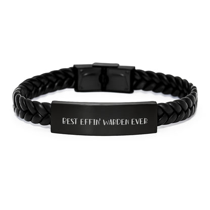 Warden Gifts, Funny Quote, Interlaced Leather Bracelet, Graduation Unique Gifts from Men to Warden, Best Effin' Warden Ever - Image 1