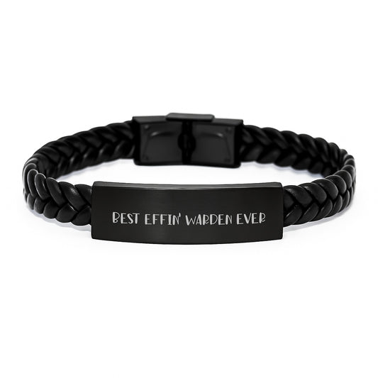 Warden Gifts, Funny Quote, Interlaced Leather Bracelet, Graduation Unique Gifts from Men to Warden, Best Effin' Warden Ever - Image 1