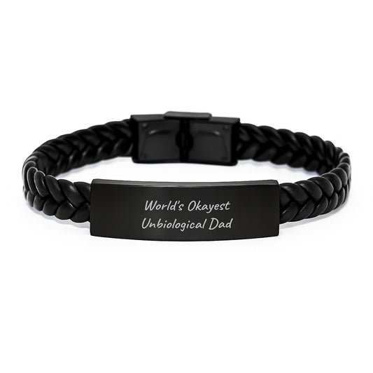 Funny Unbiological Dad Gifts World's Okayest Unbiological Dad Interlaced Leather Bracelet, Birthday Unique Gifts from Friends to Unbiological Dad - Image 1