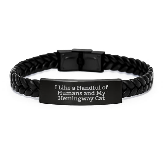 Funny Hemingway Cat Lover Gifts for Men, Interlaced Leather Bracelet with Quote 'I Like A Handful Of Humans And My Hemingway Cat', Birthday Unique Presents from Friends to Family - Image 1