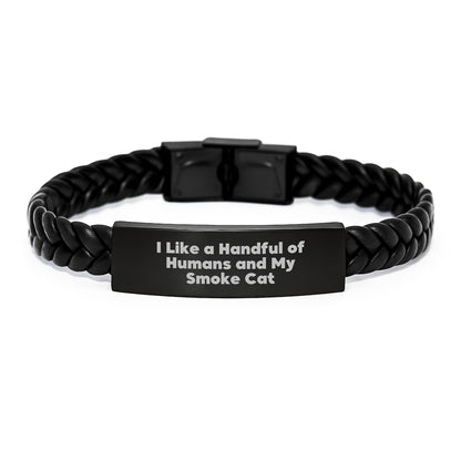 Funny Smoke Cat Gifts, Interlaced Leather Bracelet, I Like A Handful Of Humans And My Smoke Cat Quote, Birthday Unique Gifts from Friends to Smoke Cat Lovers - Image 1