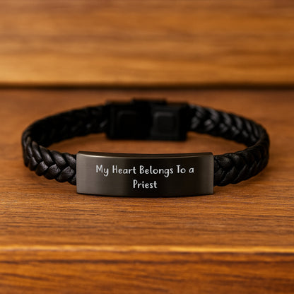 Funny Priest Gifts from Friends to Priest - My Heart Belongs To A Priest Interlaced Leather Bracelet, Graduation Unique Gifts - Image 2