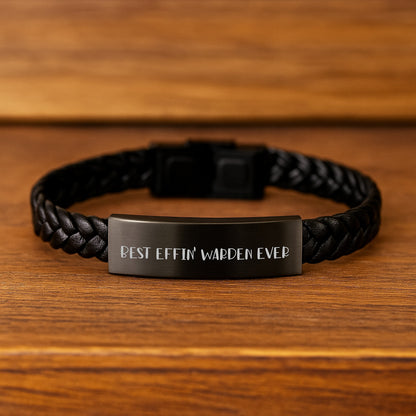 Warden Gifts, Funny Quote, Interlaced Leather Bracelet, Graduation Unique Gifts from Men to Warden, Best Effin' Warden Ever - Image 2