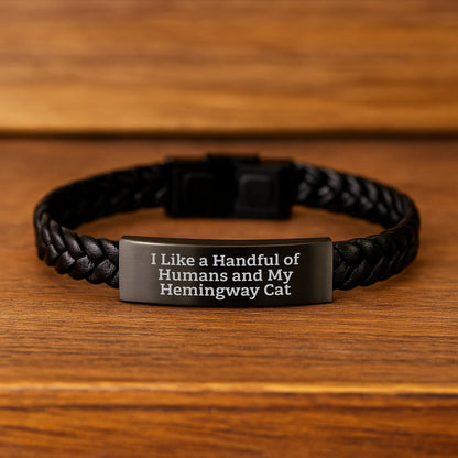 Funny Hemingway Cat Lover Gifts for Men, Interlaced Leather Bracelet with Quote 'I Like A Handful Of Humans And My Hemingway Cat', Birthday Unique Presents from Friends to Family - Image 2