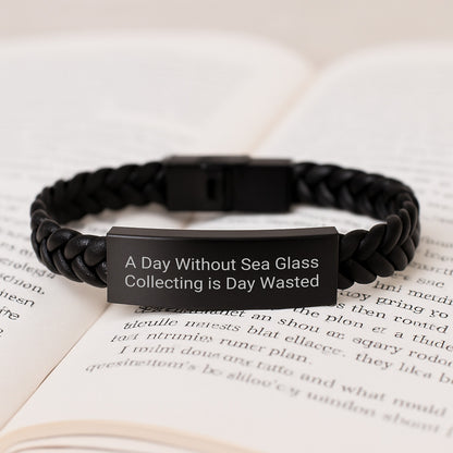 Sea Glass Collecting Inspirations, 'A Day Without Sea Glass Collecting Is Day Wasted' Funny Quote Interlaced Leather Bracelet Gifts for Sea Glass Collecting Enthusiasts on Birthday from Friends - Image 3