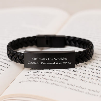 Gifts from Family for Personal Assistant, Officially The World's Coolest, Interlaced Leather Bracelet for Graduation, Funny Quote, Men's or Women's Unique Gift - Image 3