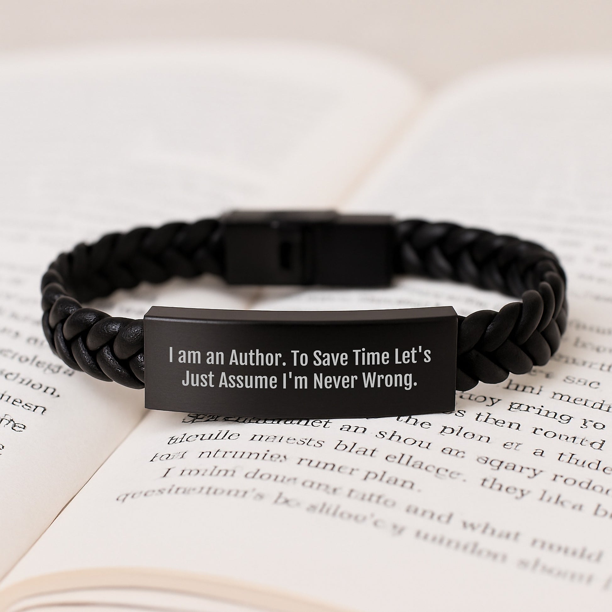 Funny Author Gifts from Men to Author Friends on Graduation Unique Gifts, Interlaced Leather Bracelet with Stainless Steel, Quote: 'I Am An Author. To Save Time Let's Just Assume I'm Never Wrong.' - Image 3
