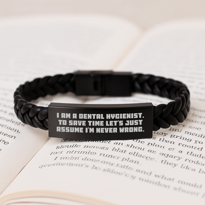 Dental Hygienist Gifts for Her - Interlaced Leather Bracelet, Funny Quote, Gift from Mom, Unique Graduation Presents for Women small / Black