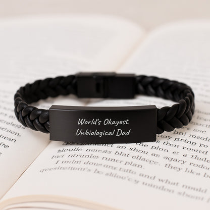 Funny Unbiological Dad Gifts World's Okayest Unbiological Dad Interlaced Leather Bracelet, Birthday Unique Gifts from Friends to Unbiological Dad - Image 3