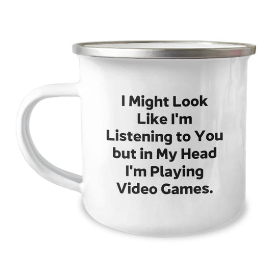 Funny Gifts from Family for Playing Video Games Enthusiast, Christmas Unique Presents, I Might Look Like I'm Listening To You Mug, Stainless Steel Camping Mug - Image 1
