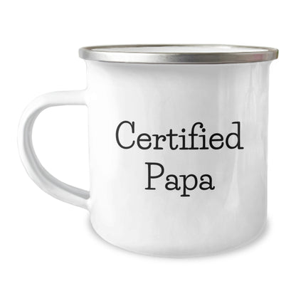 Funny Certified Papa Camping Mug Gifts for Papa's Birthday from Family, Friends, or Coworkers - 12 oz Stainless Steel with Enamel Finish, Hand Wash Recommended - 'Life Begins at the Campsite' - Image 1