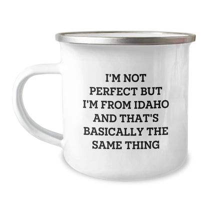 Idaho Camping Mug Gifts from Friends, Unique Birthday Presents for Idaho Lovers, 'I'm Not Perfect But I'm From Idaho And That's Basically The Same Thing' Funny Mug - Image 1