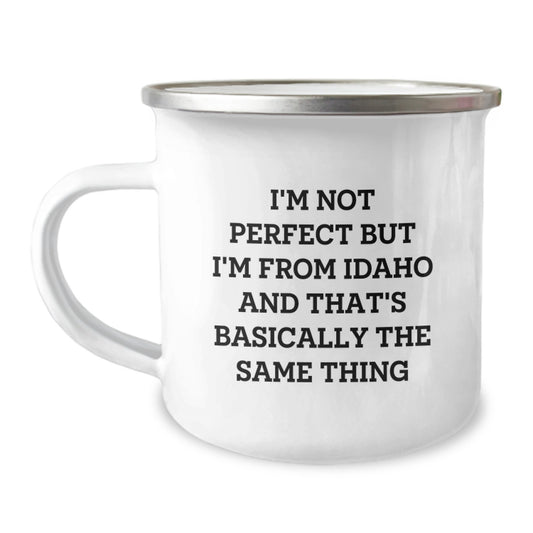 Idaho Camping Mug Gifts from Friends, Unique Birthday Presents for Idaho Lovers, 'I'm Not Perfect But I'm From Idaho And That's Basically The Same Thing' Funny Mug - Image 1