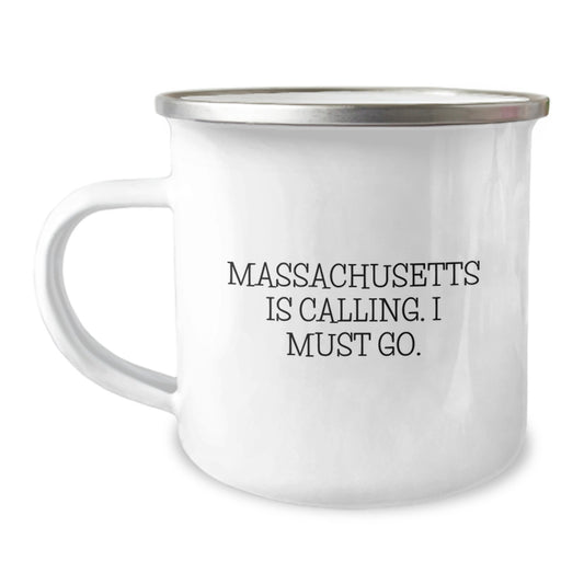Funny Massachusetts Gifts from Men - Camping Mug with Massachusetts Is Calling. I Must Go. Quote - Unique Valentine's Gifts for Massachusetts - Image 1