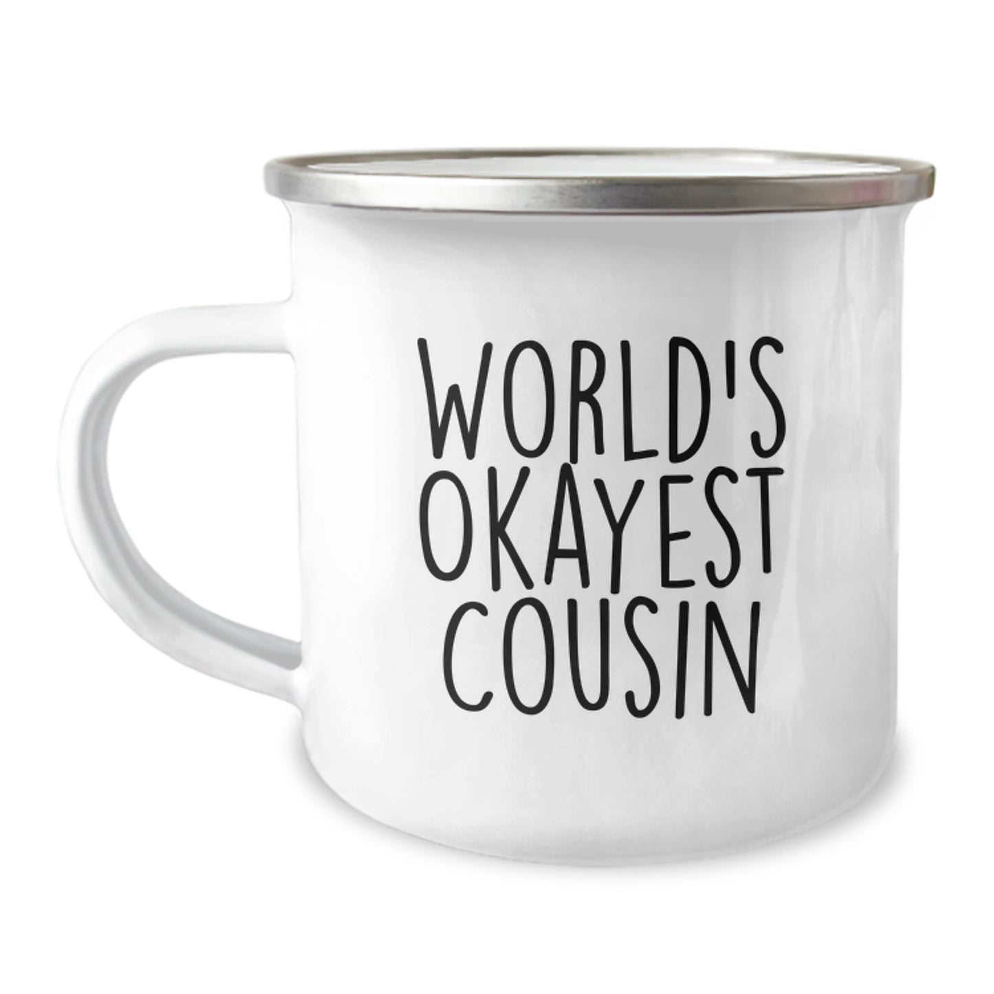 Funny Cousin Gifts from Men - World's Okayest Cousin Camping Mug, 12 oz Stainless Steel with Enamel Finish, Great for Birthday - Image 1