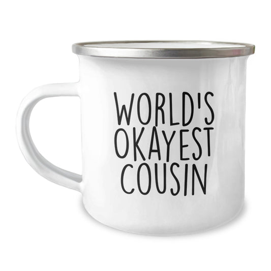 Funny Cousin Gifts from Men - World's Okayest Cousin Camping Mug, 12 oz Stainless Steel with Enamel Finish, Great for Birthday - Image 1