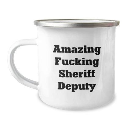 Funny Sheriff Deputy Camping Mug Gifts from Friends to Sheriff Deputy on Birthday, 'Amazing F--king Sheriff Deputy' Quote, 12 oz Stainless Steel with Enamel Finish - Image 1