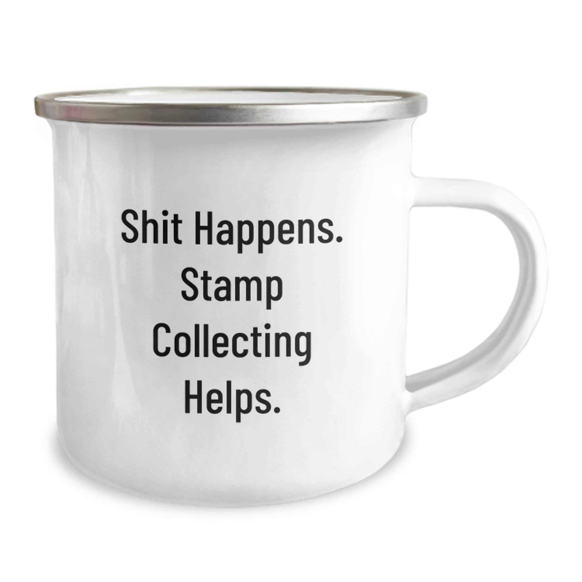 Unique Funny Stamp Collecting Gifts from Friends for Men Birthday Camping Mug - Shit Happens. Stamp Collecting Helps. - Image 2