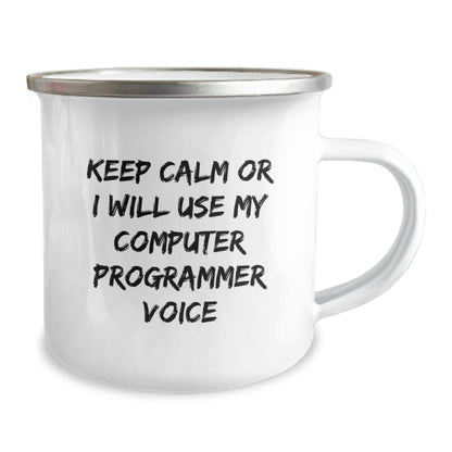 Funny Computer Programmer Gifts for Men, Camping Mug, Christmas Unique Presents from Friends - 'Keep Calm Or I Will Use My Computer Programmer Voice' - Image 2