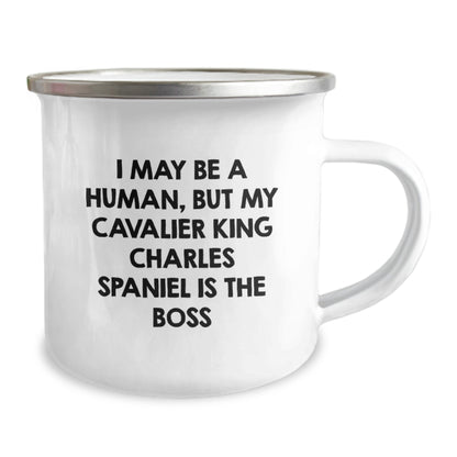Funny Cavalier King Charles Spaniel Dog Gifts for Men from Friends on Birthday, 'I May Be A Human, But My Cavalier King Charles Spaniel Is The Boss' Quote, Camping Mug - Image 2