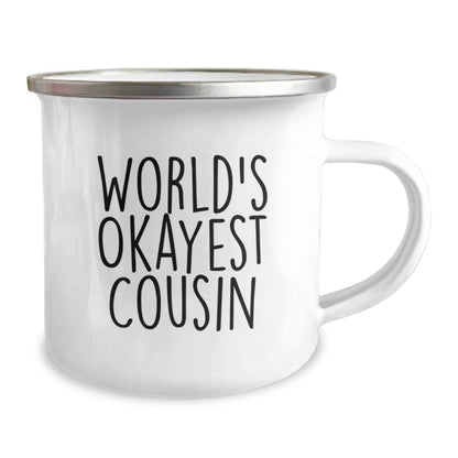Funny Cousin Gifts from Men - World's Okayest Cousin Camping Mug, 12 oz Stainless Steel with Enamel Finish, Great for Birthday - Image 2