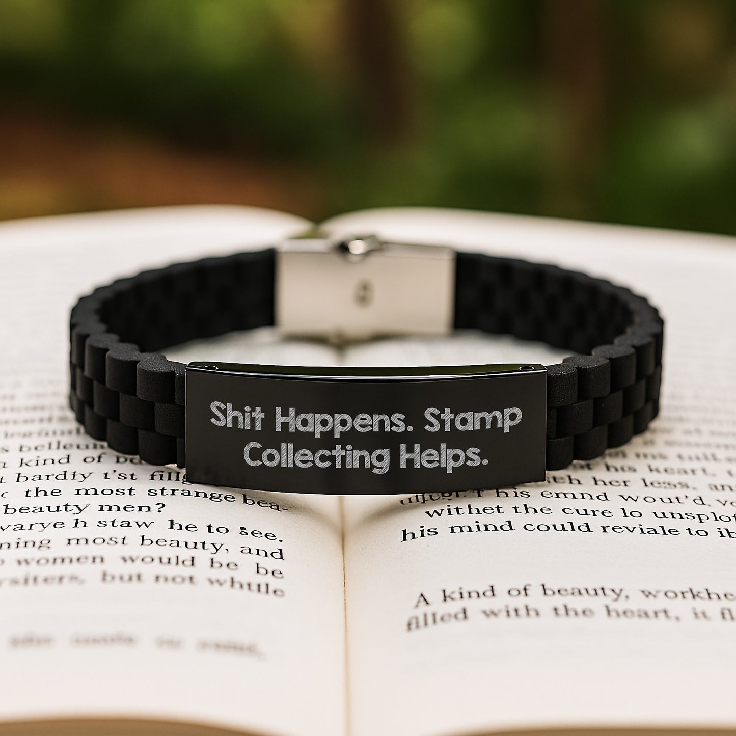 Funny Birthday Unique Gift for Stamp Collecting Friends - Glide lock Clasp Bracelet with Shit Happens Quote, Handmade for Men and Women - Image 2