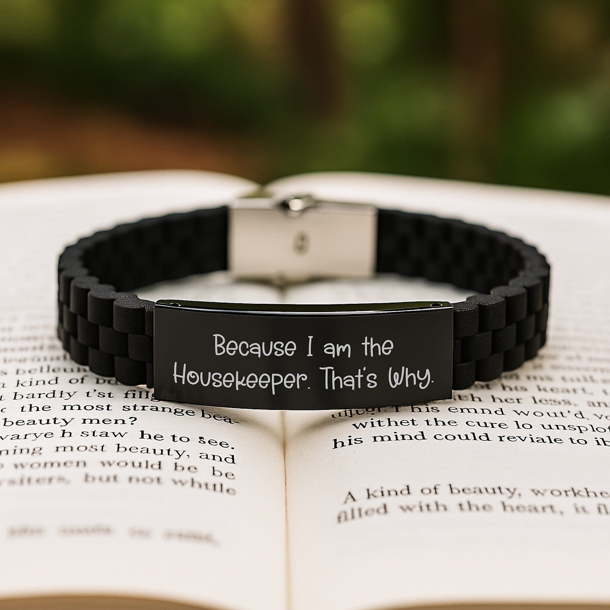 Funny Housekeeper Gifts from Friends to Housekeepers - Glide lock Clasp Adjustable Black Stainless Steel Silicone Graduation Jewelry Because I Am The Housekeeper. That's Why. small / Black