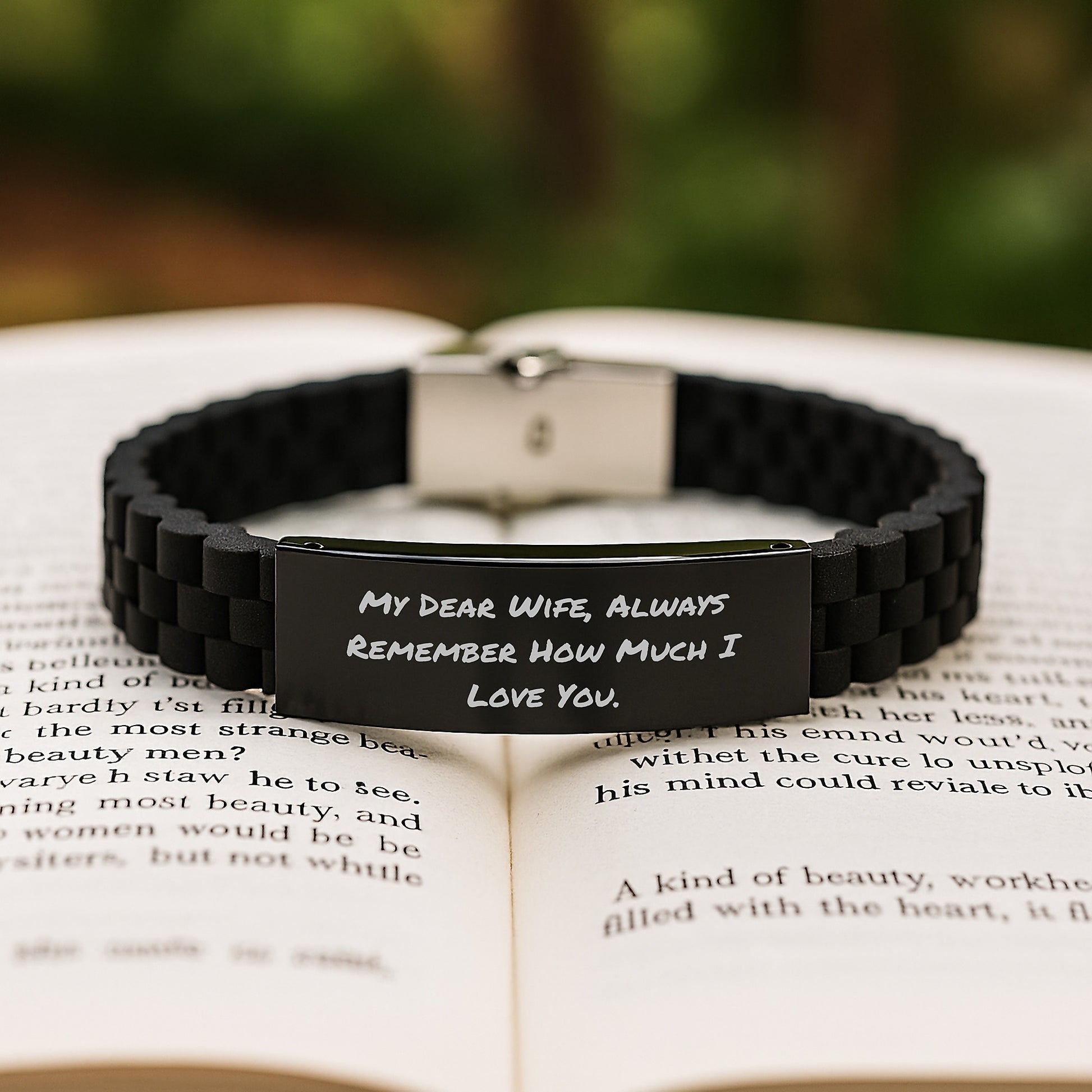 Funny Wife Gifts from Men on Birthday - Glide lock Clasp Black Stainless Steel Silicone Adjustable Quote 'My Dear Wife, Always Remember How Much I Love You.' - Image 2