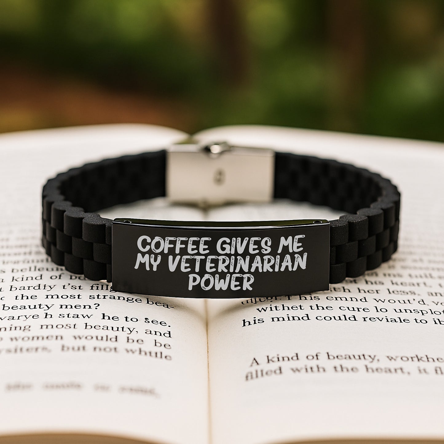 Coffee Gives Me My Veterinarian Power, Veterinarian Gifts for Graduation, Glide lock Clasp Black Stainless Steel Silicone Adjustable Bracelet, Gifts from Family to Veterinarian - Image 2