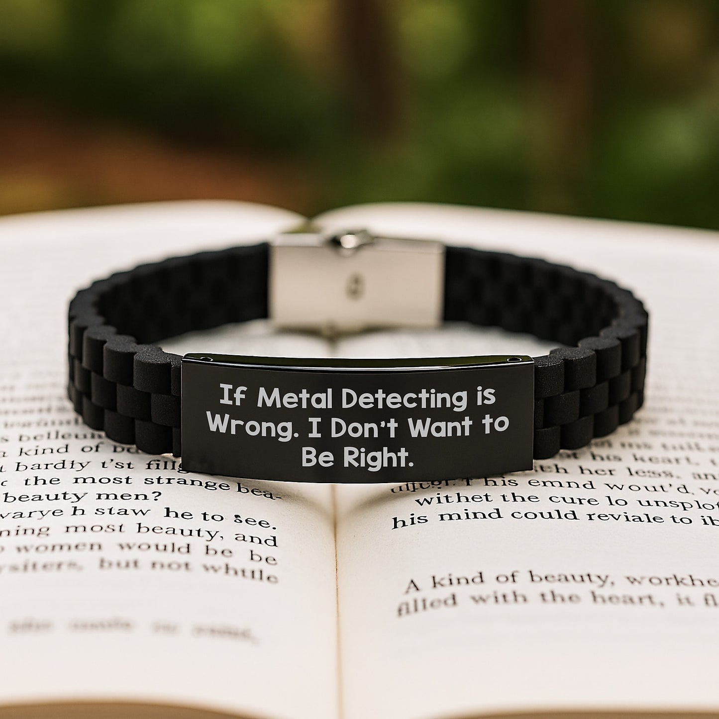 Metal Detecting Humor, Funny Gifts from Friends for Metal Detecting Enthusiasts, Adjustable Glide lock Clasp Black Stainless Steel Silicone Men's Birthday Unique Gift - Image 2