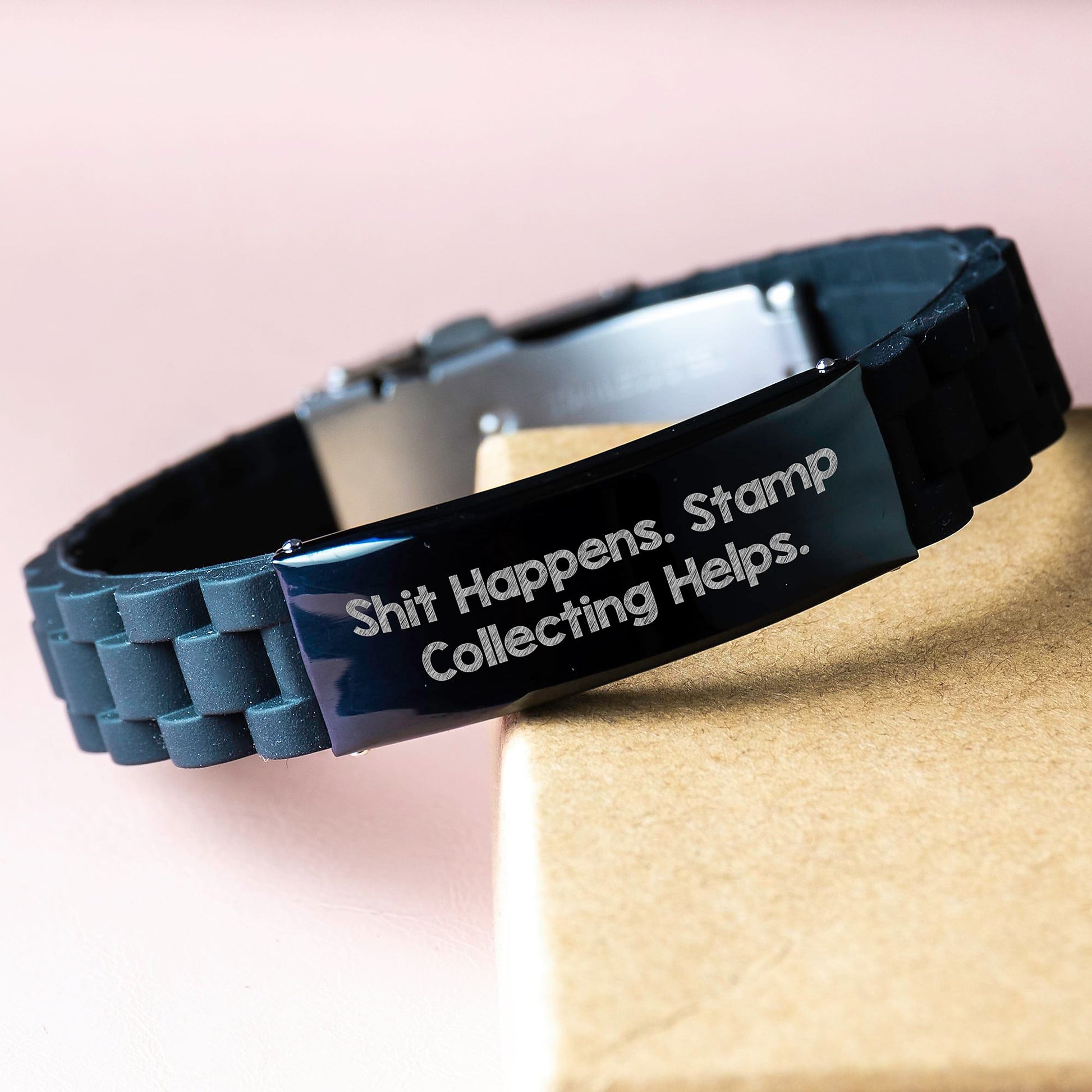 Funny Birthday Unique Gift for Stamp Collecting Friends - Glide lock Clasp Bracelet with Shit Happens Quote, Handmade for Men and Women - Image 3
