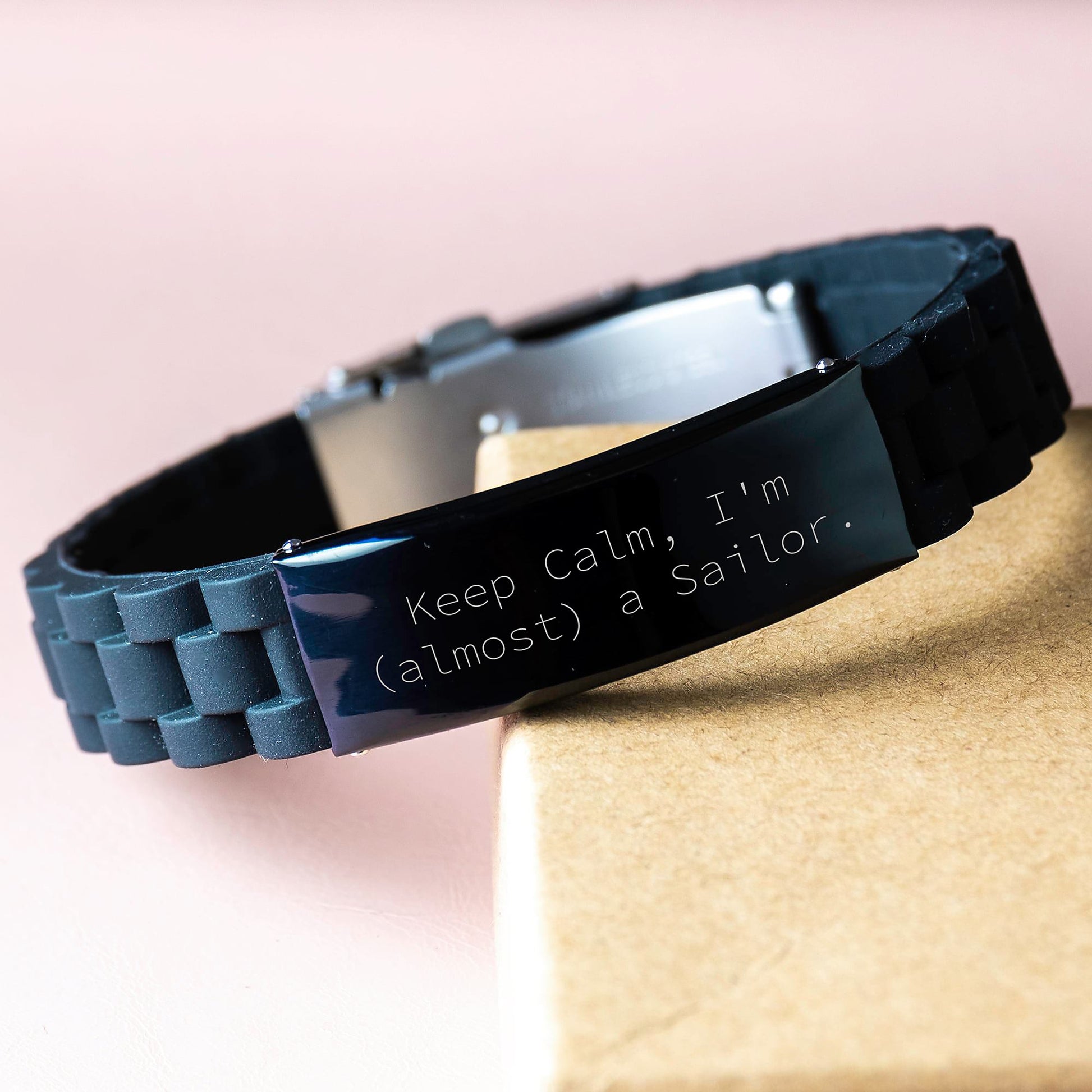 Funny Sailor Quotes Glide lock Clasp Birthday Unique Gifts from Friends for Him, Keep Calm I'm (almost) A Sailor Black Stainless Steel Silicone Adjustable Bracelet - Image 3