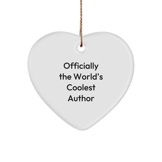 Funny Author Gifts from Friends for Christmas - 'Officially The World's Coolest Author' Heart Ornament, White, 2.75'' Tall - Image 1